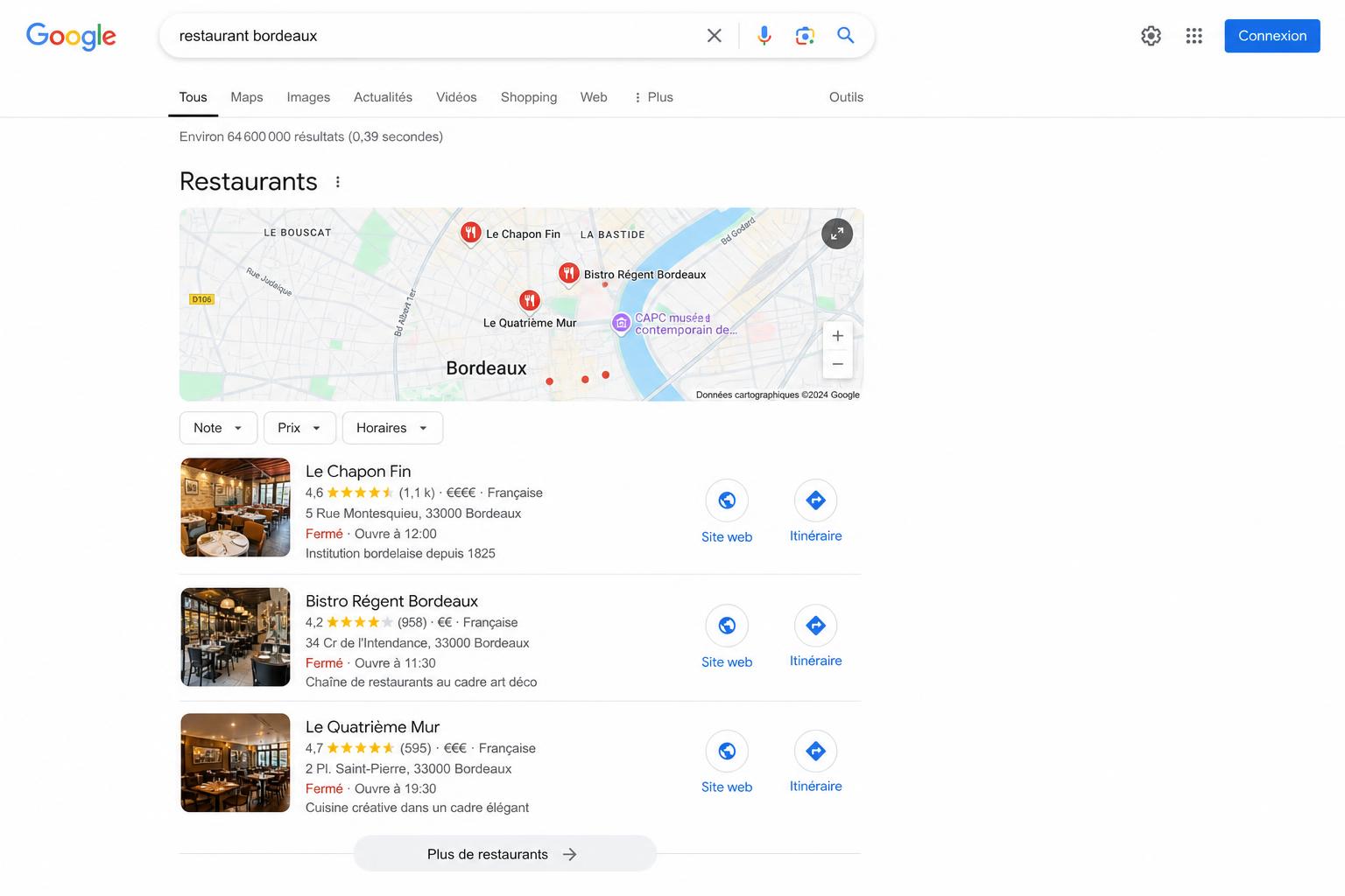 Résultats Google pour la requête restaurant bordeaux